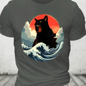 Catzilla Japanese Kaiju Cat The Great Wave Off Kanagawa Cotton T-Shirt, T-shirts, Lilicloth.com