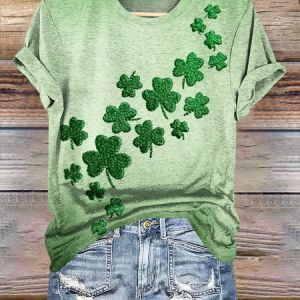 Women's Four-leaf Clover Short Sleeve Tee T-shirt Crew Neck Casual Summer Top, JustFashionNow T-Shirts, color:Green|size:XXL,