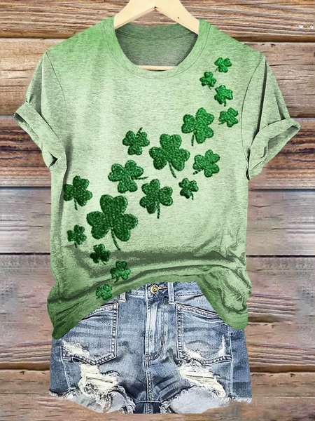 Women's Four-leaf Clover Short Sleeve Tee T-shirt Crew Neck Casual Summer Top, JustFashionNow T-Shirts, color:Green|size:XXL,