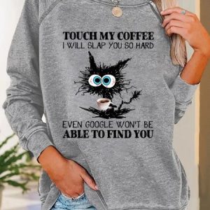 Funny Coffee Black Cat Casual Sweatshirt, Hoodies&Sweatshirts, Lilicloth.com