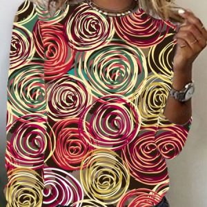 Casual Abstract Crew Neck Long Sleeve T-shirt, T-shirts, color:Multicolor|size:XXL, catalog Noracora shop