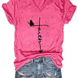 Faith Women's V Neck Cotton Blends Short Sleeve T-Shirt, T-shirts, Lilicloth.com