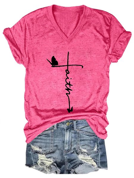 Faith Women's V Neck Cotton Blends Short Sleeve T-Shirt, T-shirts, Lilicloth.com