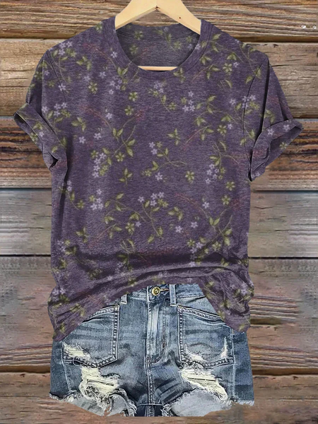 Women's vintage floral print casual long sleeve comfortable T-shirt, T-shirts, Lilicloth.com