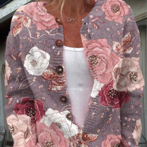 Women's Breast Cancer Flower Print Knitted Cardigan, Cardigans, Lilicloth.com