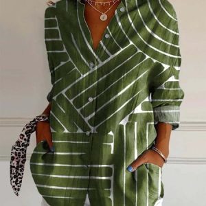 Shawl Collar Long Sleeve Striped Art Print Regular Micro-Elasticity Loose Shirt For Women, Shirts, color:As Picture|size:XXL, catalog Noracora shop