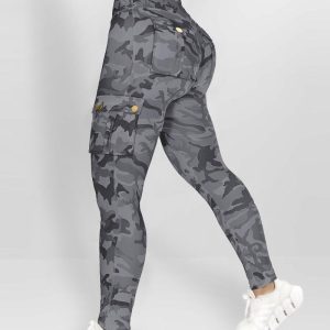 Camouflage Print High Waist Skinny Button Leggings with Pocket Casual Pants, women Leggings, ChicMe catalog