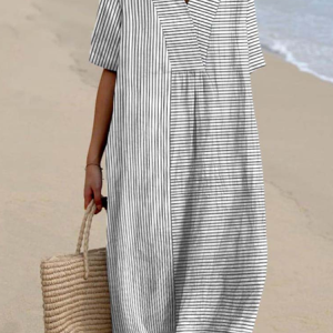 Boho Striped Cotton-Blend V Neck Dress With No, Dresses, Lilicloth.com