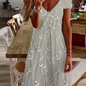 Women Floral Short Sleeve Summer Printing Dress V Neck Daily Casual Knee Length T-Shirt Dress H-Line Dress, JustFashionNow Casual Dresses, color:As Picture|size:XXL