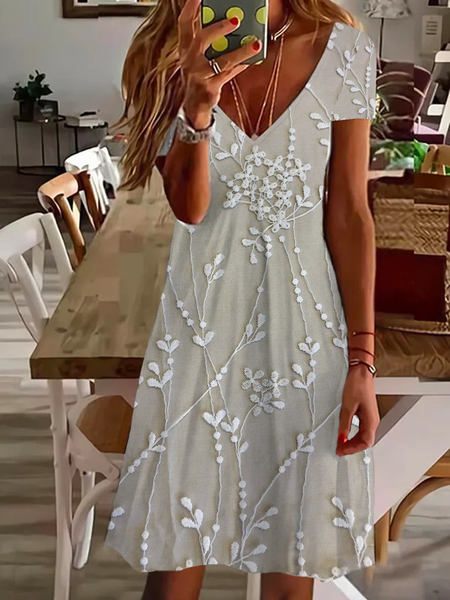 Women Floral Short Sleeve Summer Printing Dress V Neck Daily Casual Knee Length T-Shirt Dress H-Line Dress, JustFashionNow Casual Dresses, color:As Picture|size:XXL