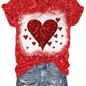 Women's Short Sleeve Tee T-shirt Summer Heart/Cordate Printing V Neck Casual Top Graphic Tee, JustFashionNow T-Shirts, color:Red|size:XXL,