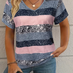 Casual Striped V Neck Short Sleeve T-shirt, T-shirts, color:As Picture|size:XXL, catalog Noracora shop