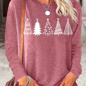 Women's Christmas Tree Print Crew Neck Casual Top, Long sleeves, Lilicloth.com