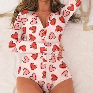 Valentine's Day Heart Pattern Button Front Long Sleeve Rompers Onesie Pajamas, women Pajama Rompers & Jumpsuits, ChicMe catalog