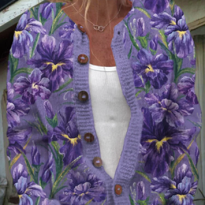 Women's Alzheimer's Awareness Purple Floral Art Print Sweater Cardigan, Cardigans, Lilicloth.com