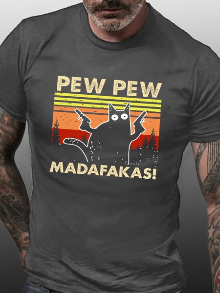 Men's Cat Print Cotton Casual T-Shirt, T-shirts, Lilicloth.com