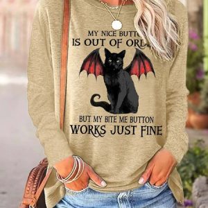 Women Nice Button Bite Me Black Cat Bat Cotton-Blend Crew Neck Casual Top, Long sleeves, Lilicloth.com
