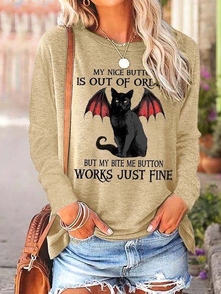 Women Nice Button Bite Me Black Cat Bat Cotton-Blend Crew Neck Casual Top, Long sleeves, Lilicloth.com