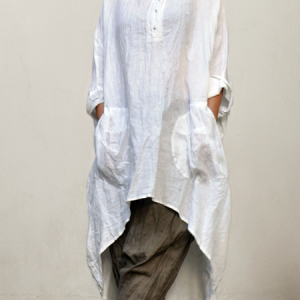 STYLE WE x CHILLINEN | Cotton And Linen Linen Plain Crew Neck Blouse, Blouses and Shirts, color:White|size:XXL, Stylewe