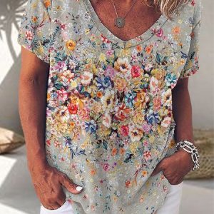 Women's Art Floral Print V Neck Casual Loose T-Shirt, T-shirts, Lilicloth.com