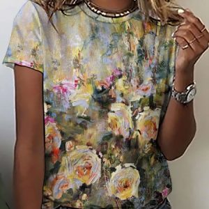 Women's Plants Flower Print Casual Loose Crew Neck T-Shirt, T-shirts, Lilicloth.com