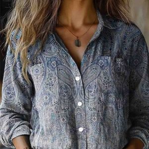 Women's Long Sleeve Shirt Spring/Fall Geometric Shirt Collar Daily Going Out Casual Top, JustFashionNow Blouses, color:Blue|size:XXL,