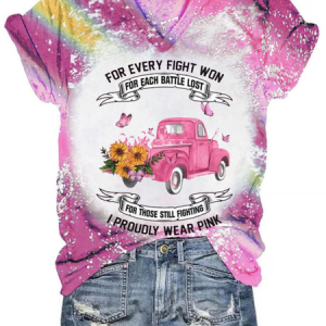 Women's I Proudly Wear Pink Breast Cancer Print V-Neck T-Shirt, T-shirts, Lilicloth.com