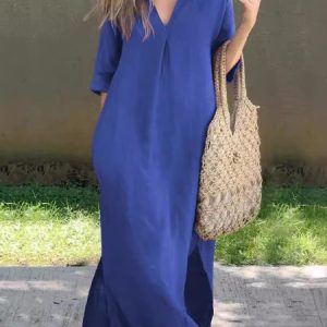 Women Plain Short Sleeve Summer Dress V Neck Daily Casual Maxi H-Line Dress, JustFashionNow Dresses, color:Blue|size:3XL,