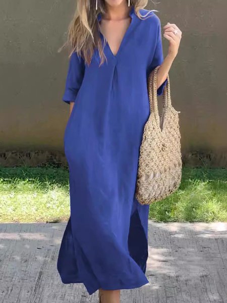 Women Plain Short Sleeve Summer Dress V Neck Daily Casual Maxi H-Line Dress, JustFashionNow Dresses, color:Blue|size:3XL,