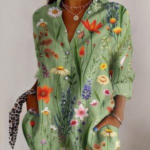 Shirt Collar Long Sleeve Geometric Regular Micro-Elasticity Regular Fit Shirt For Women, Shirts, color:Lightgreen|size:5XL, catalog Noracora shop