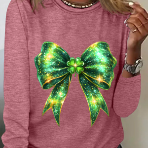 St. Patrick's Day Bow Shamrock Casual Long Sleeve Shirt, Long sleeves, Lilicloth.com