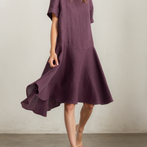 STYLE WE x CHILLINEN | Linen Plain Crew Neck Mini Dress, Midi Dresses, color:Purple|size:XXL, Stylewe