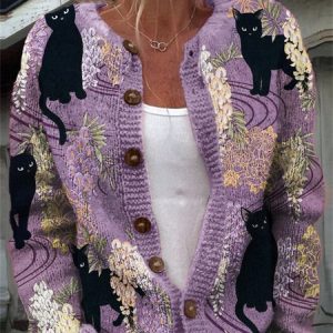 Black Cat Flower Knitted Cardigan Sweater, Cardigans, Lilicloth.com