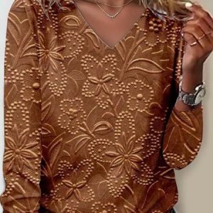 V Neck Regular Fit 3D Printing Casual T-Shirt, Long sleeves, Lilicloth.com