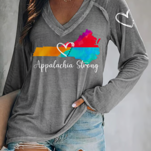 Retro Appalachia Strong Stronger Than The Storm Print T-ShirtCasual Loose V Neck T-Shirt, Long sleeves, Lilicloth.com