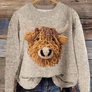 Women's Vintage Highland Cow Print Crew Neck Sweater, Sweaters, Lilicloth.com