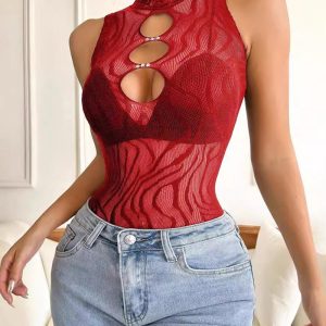 High Neck Sleeveless Hollow-out Bodysuit Teddies Sexy High Strechy Slim Fit Lingerie, women Teddies, ChicMe catalog