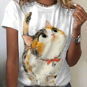 Women's Short Sleeve Tee T-shirt Summer Cat Crew Neck Casual Top, JustFashionNow T-Shirts, color:White|size:XXL,