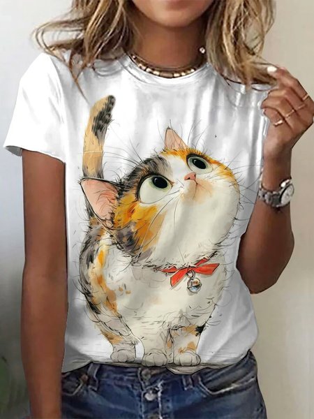 Women's Short Sleeve Tee T-shirt Summer Cat Crew Neck Casual Top, JustFashionNow T-Shirts, color:White|size:XXL,