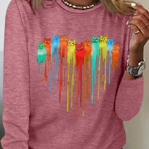 Women's Heart Cat Print Casual Top, Long sleeves, Lilicloth.com