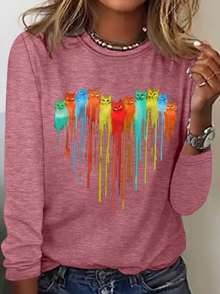 Women's Heart Cat Print Casual Top, Long sleeves, Lilicloth.com