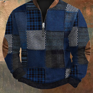 Men's Retro Western Textured Print Zip Collar Sweatshirt, Hoodies&Sweatshirts, Lilicloth.com
