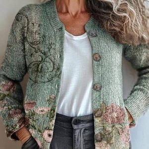 Women's Floral Art Pattern Print Buttoned Cardigan Sweater, Cardigans, Lilicloth.com
