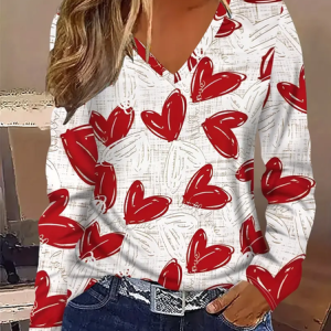 Women's Love Valentine's Day Printed V Neck Long Sleeve T-Shirt, Long sleeves, Lilicloth.com