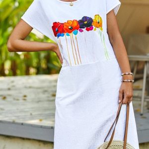 Floral Summer Casual Pockets Natural Standard Short sleeve Loose A-Line Dresses for Women, Short, color:White|size:XS, catalog Noracora shop