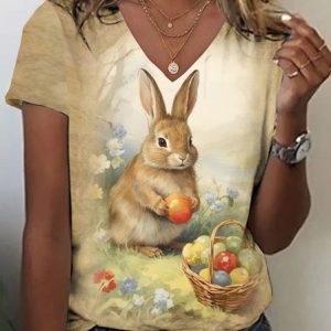 Vintage Easter Bunny V Neck Short Sleeve T-shirt, T-shirts, color:Apricot|size:4XL, catalog Noracora shop