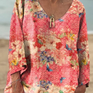 Women's Floral Butterfly Print Casual V Neck Long Sleeve Comfort Cotton T-Shirt, Long sleeves, Lilicloth.com
