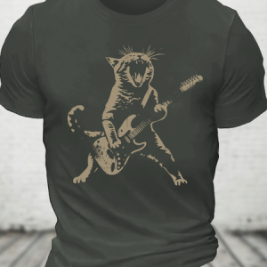 Rock Cat Playing Guitar Cotton T-Shirt, Tops, Lilicloth.com