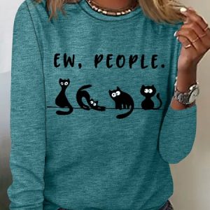 Women‘s Funny Black Cat Ew People Crew Neck Simple Long Sleeve Top, Long sleeves, Lilicloth.com