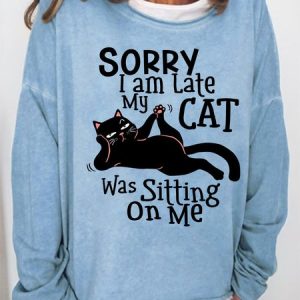 Women's black cat Text Letters Loose Simple Crew Neck Sweatshirt, Hoodies&Sweatshirts, Lilicloth.com